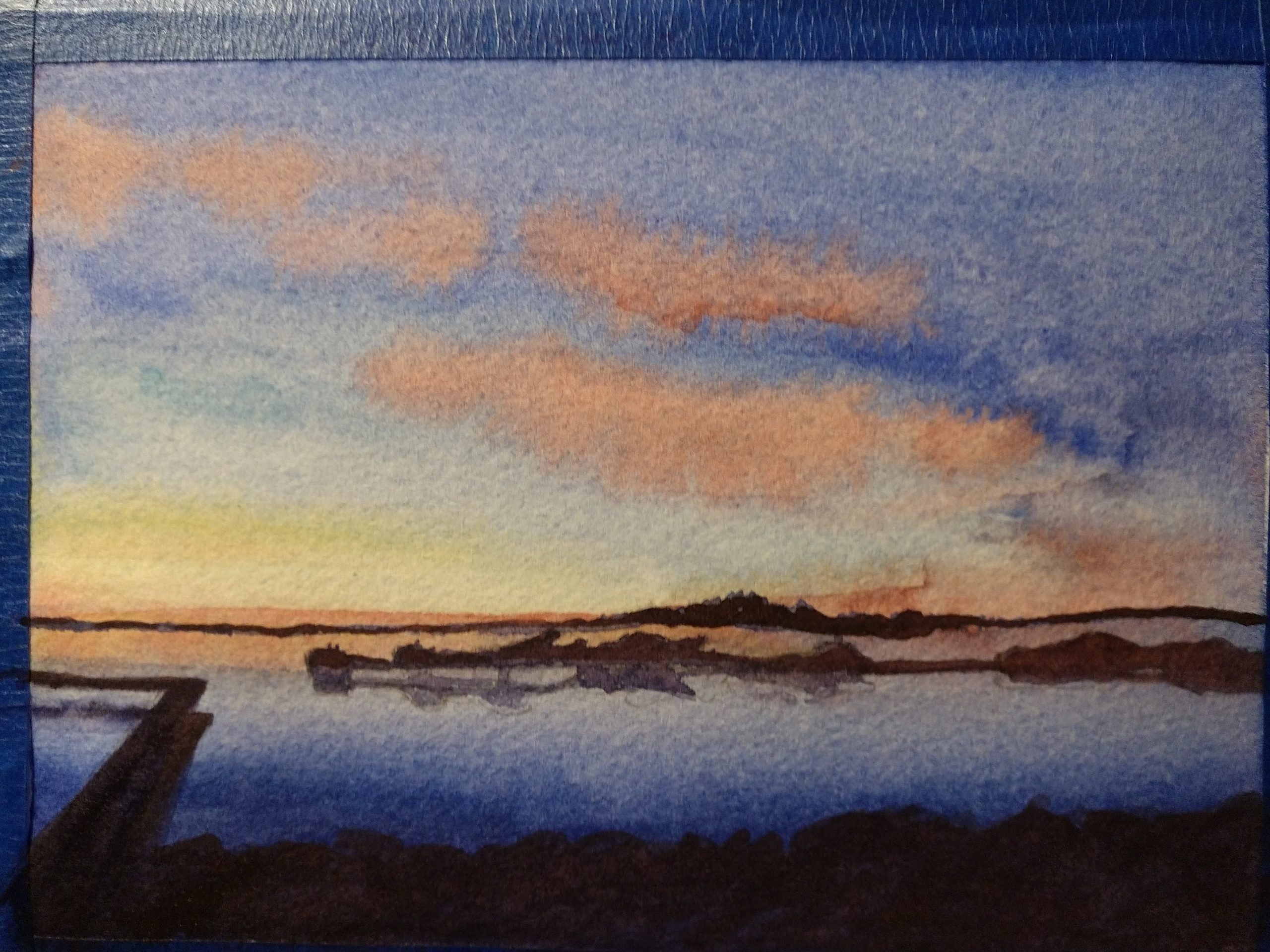 A watercolor landscape illustrating a sunset over water.